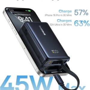 Power Bank with Integrated USB-C Cable | PD 3.0 QC 4+ External Mobile Phone Batteries